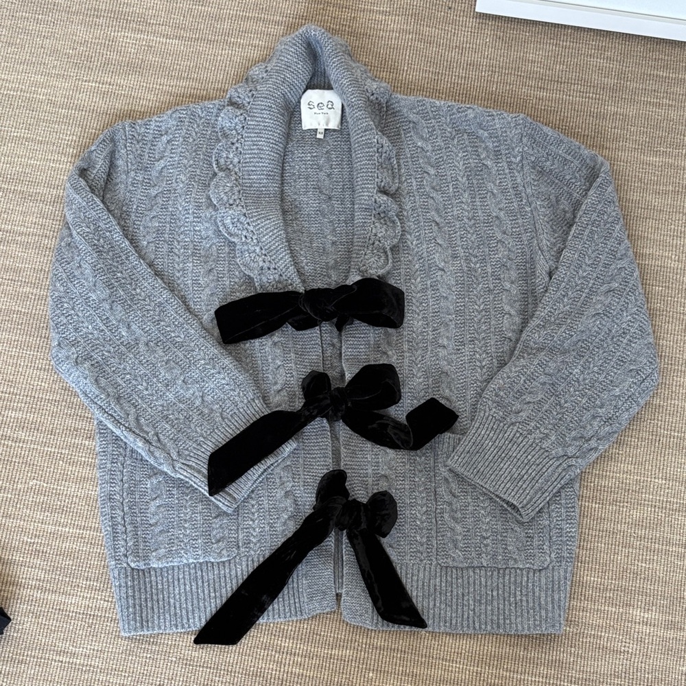Sea NY Gray Cable Knit Cardigan with Black Velvet Bows